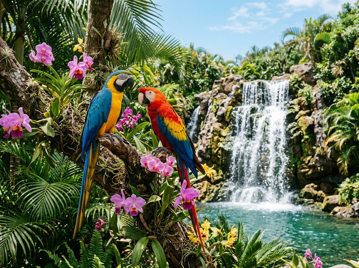 Vibrant Scarlet and Blue-and-Gold Macaws with tropical waterfall at Loro Parque