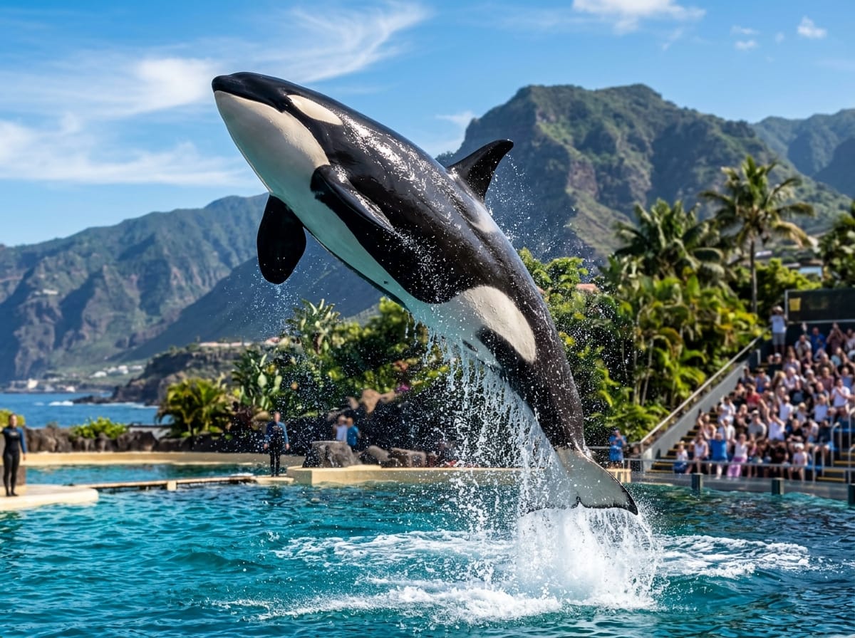 Magnificent Orca leaping in turquoise pool during presentation at Loro Parque